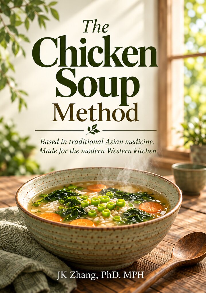 Front cover of The Chicken Soup Method by JK Zhang, PhD, MPH: a steaming bowl of chicken soup with greens, carrots and rice on a sunlit wooden table